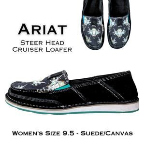 Ariat Steer Head Cruiser Loafer Womens 9.5 Black Suede Southwestern Cowgirl
